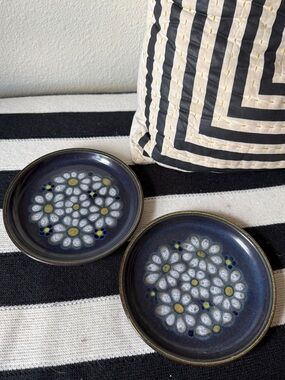 Set of two blue handmade ceramic small plates with floral print 7”